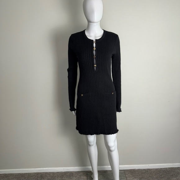 Commense Knit Mini‎ Dress Gold Button Ribbed Long Sleeve Bodycon Cocktail Size M - Picture 13 of 14